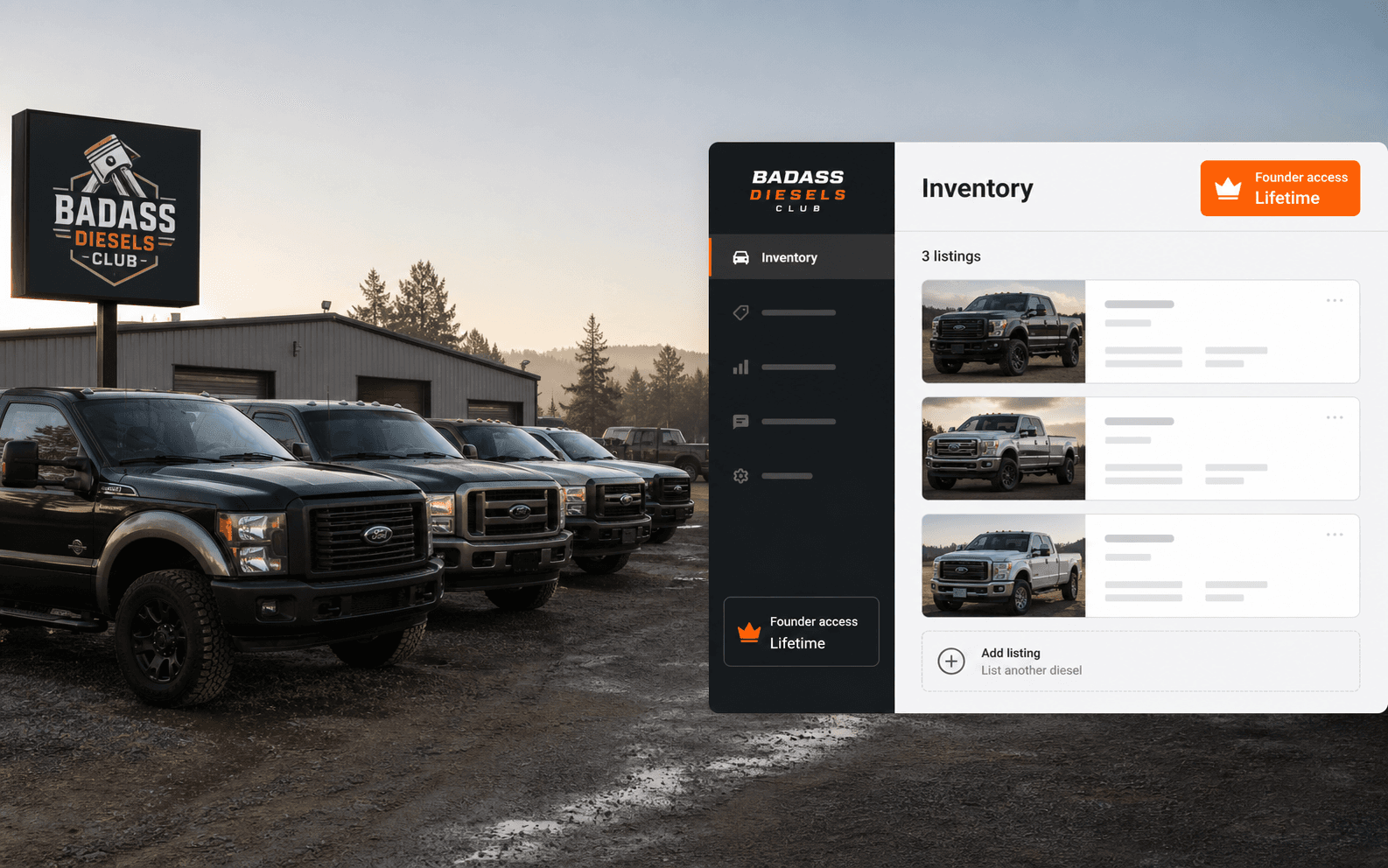 Diesel dealership lot with multiple trucks and the Badass Diesels Club inventory workspace